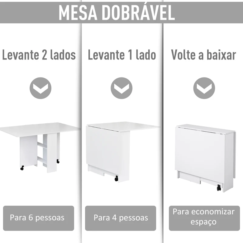 HOMCOM Mesa de Sala de Jantar Dobrável Mesa de Madeira com 2 Prateleiras de Armazenamento e Rodas para Cozinha 75x140x74 cm Branco