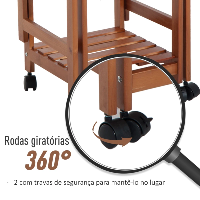 HOMCOM Carrinho de cozinha Serviço Auxiliar de Madeira De metal cromado 6 rodas 91x37x75 cm