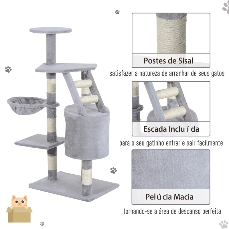 PawHut Arranhador para Gatos com Postes Escadas Caverna Espaçosa Rede Plataformas Centro de Atividades Sisal Natural 55x40x125cm Cinza