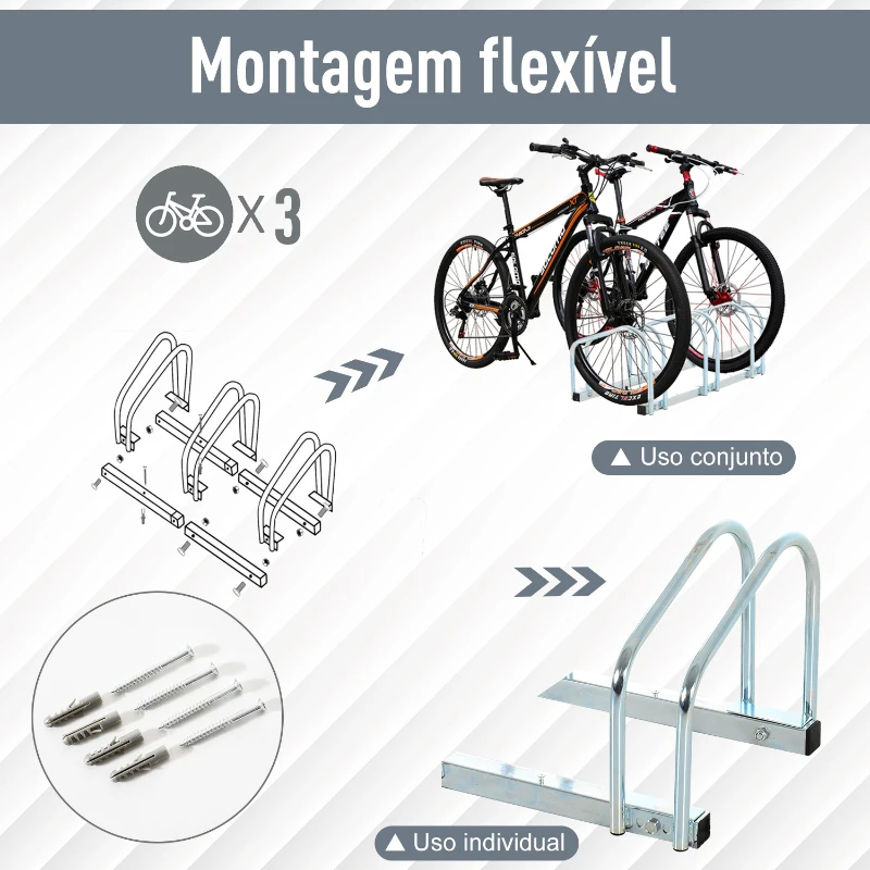 HOMCOM Estacionamento para 3 Bicicletas Suporte de Aço para Estacionar Bicicletas no Chão para Interior e Exterior 70,5x33x27cm Prata