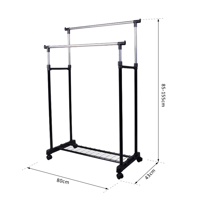 HOMCOM Charriot com Altura Ajustável Cabide com 4 Rodas para Roupa Aço Inoxidável 80x43x85-155cm Preto