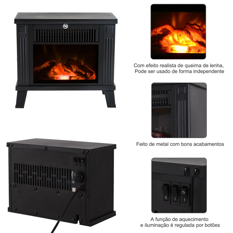 HOMCOM Lareira Elétrica com Efeito de Chama Realista Potência Ajustável 600W/1200W para Ambientes entre 13-18㎡ 34x17x31cm Preto