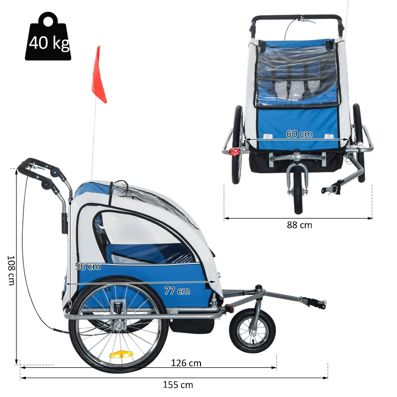 HOMCOM Reboque de Bicicleta para Crianças com 2 lugares e Roda 360º com Acoplamento Universal Cinza e Azul