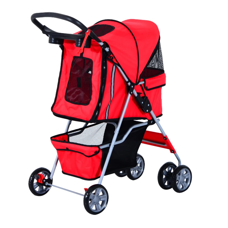 PawHut Carrinho de Passeio para Animais de Estimação Dobrável com Cesta de Armazenamento e Travão 75x45x97cm Vermelho