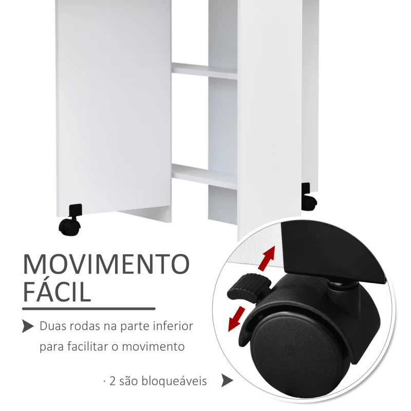 HOMCOM Mesa de Sala de Jantar Dobrável Mesa de Madeira com 2 Prateleiras de Armazenamento e Rodas para Cozinha 75x140x74 cm Branco