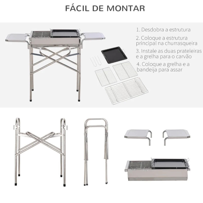 Outsunny Barbecue a Carvão Portátil de Aço Inoxidável com 2 Prateleiras Laterais Bandeja e Grelha 104x30x68cm Prata