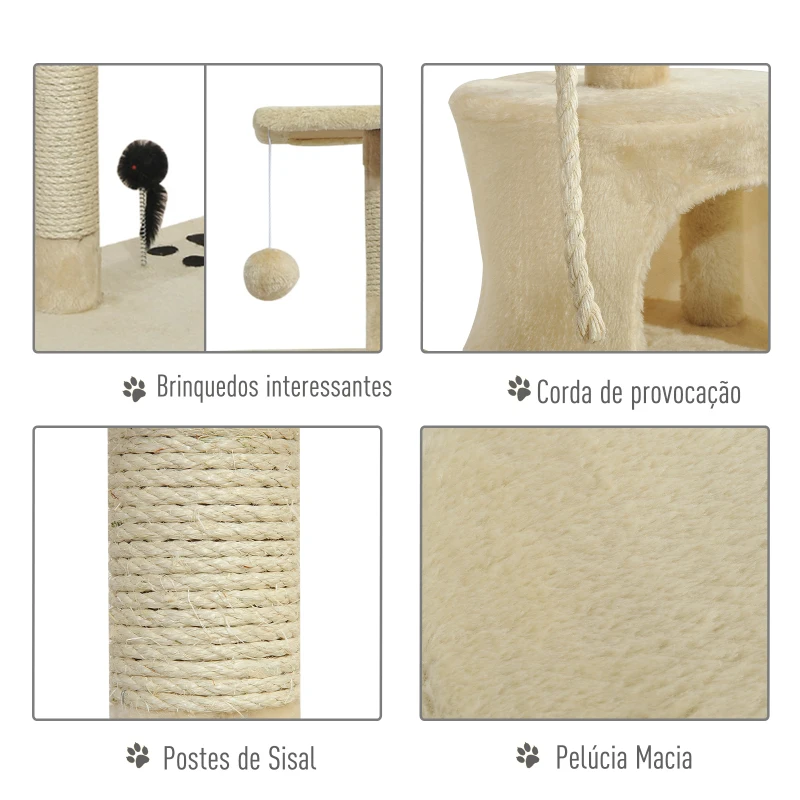 PawHut Árvore Arranhador para Gatos com 4 Níveis Poste de Sisal Caverna Plataformas e Brinquedos Divertidos 75x40x112 cm Bege