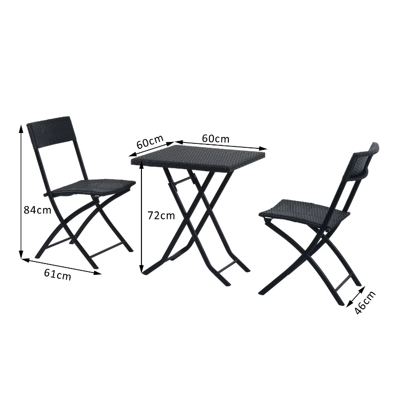Outsunny Conjunto de Jardim de Vime 3 peças Dobráveis Jogo de Mesa 60x60x72cm e Cadeiras 60x47x83,5cm para Pátio Varanda Terraço Metal Preto