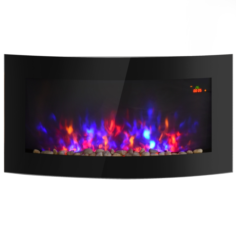 HomCom Lareira Eléctrica com Aquecimento e chama LED decorativa - Aço Inoxidável - Cor: Preto - 65x11,4x52 cm