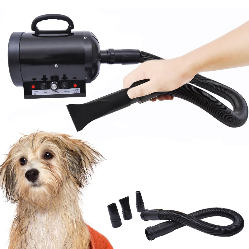 PawHut Secado de Pelo para Cães 2800W Secador de Pelo para Animais de Estimação com Temperatura e Velocidade Ajustável 3 Bicos Tubo Flexível 2,5m e Alça de Transporte 40x16x20cm Preto