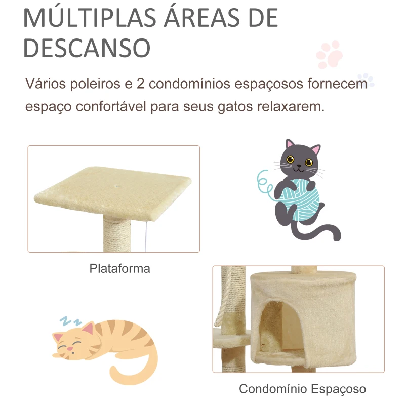 PawHut Árvore Arranhador para Gatos com 4 Níveis Poste de Sisal Caverna Plataformas e Brinquedos Divertidos 75x40x112 cm Bege