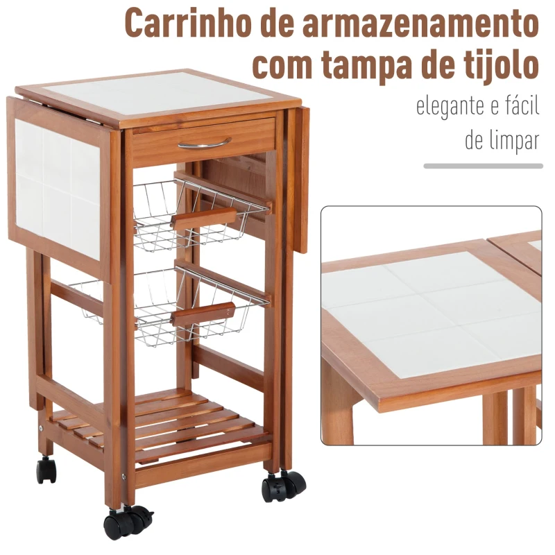 HOMCOM Carrinho de cozinha Serviço Auxiliar de Madeira De metal cromado 6 rodas 91x37x75 cm