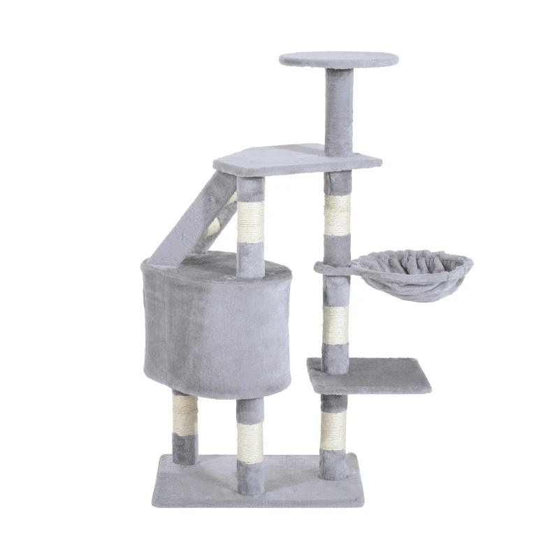 PawHut Arranhador para Gatos com Postes Escadas Caverna Espaçosa Rede Plataformas Centro de Atividades Sisal Natural 55x40x125cm Cinza