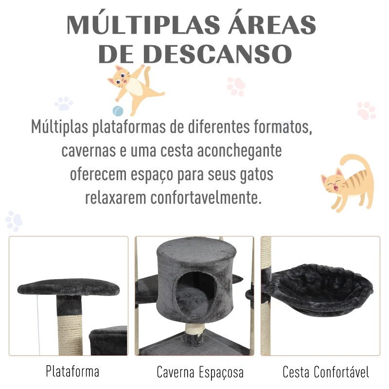 PawHut Arranhador para Gatos tipo Parque de Diversões com Árvore e Poste para Arranhar - Cinzento Escuro - 200 x 60 x 60 cm