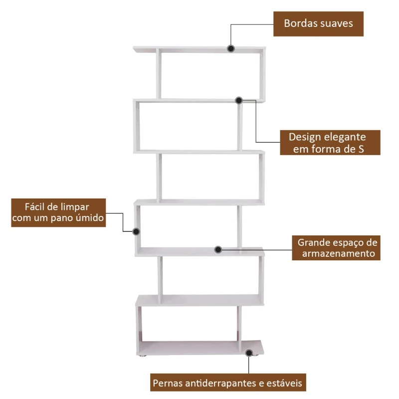 HOMCOM Estante Moderna com 6 prateleiras em forma de S Madeira 80 x 25 x 192 cm branco