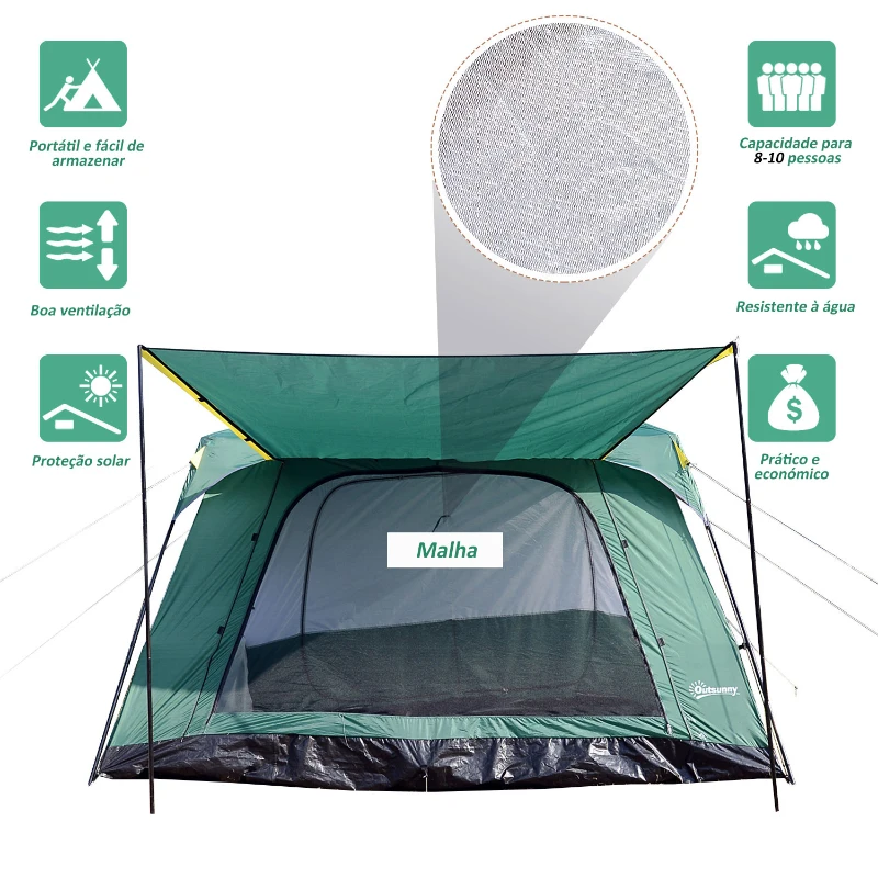 Outsunny Tenda de Campismo Familiar para 8-10 Pessoas Portatil com Porta Janelas e Bolsa de Transporte 430x300x200 cm Verde