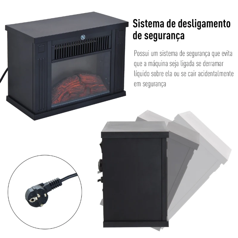 HOMCOM Lareira Elétrica Portátil com Termostato Ajustável 600W/1200W e Efeito de Chama Realista 34x17x25cm Preta