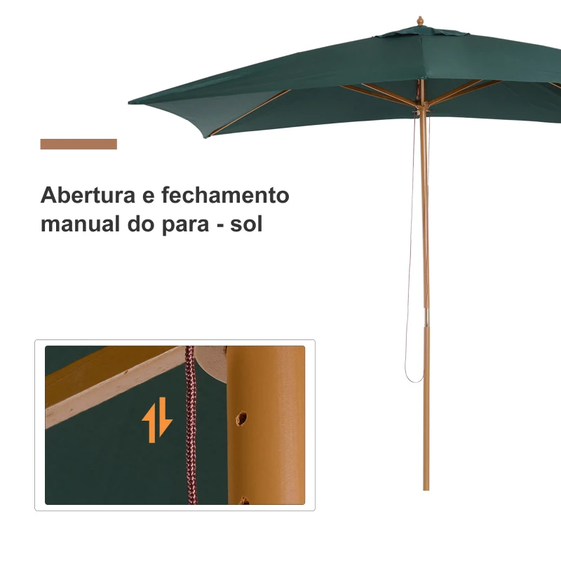 Outsunny Chapéu de Sol de Jardim com Sistema de Polia Teto Ventilado e Mastro de Madeira para Terraço Pátio Exterior 2,95x2x2,55m Verde