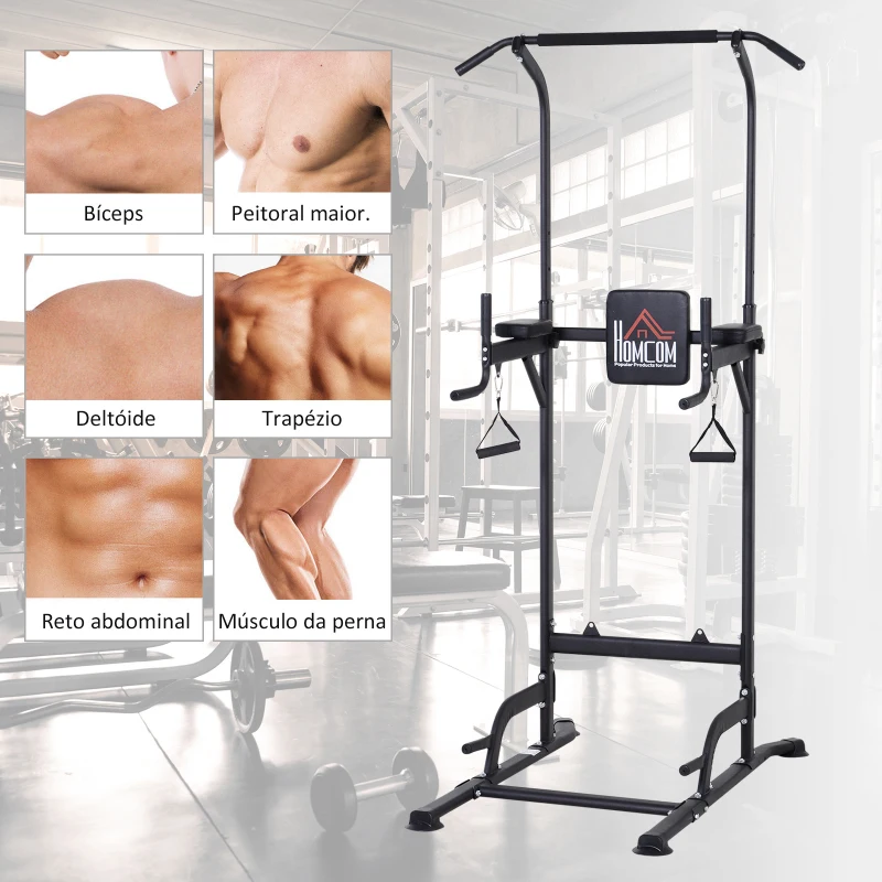 HOMCOM Power Tower Máquina de Musculação 5 em 1 Exercícios Dip Pull-up Flexões e Abdominais carga 120kg 94 x 99 x 182-232 cm