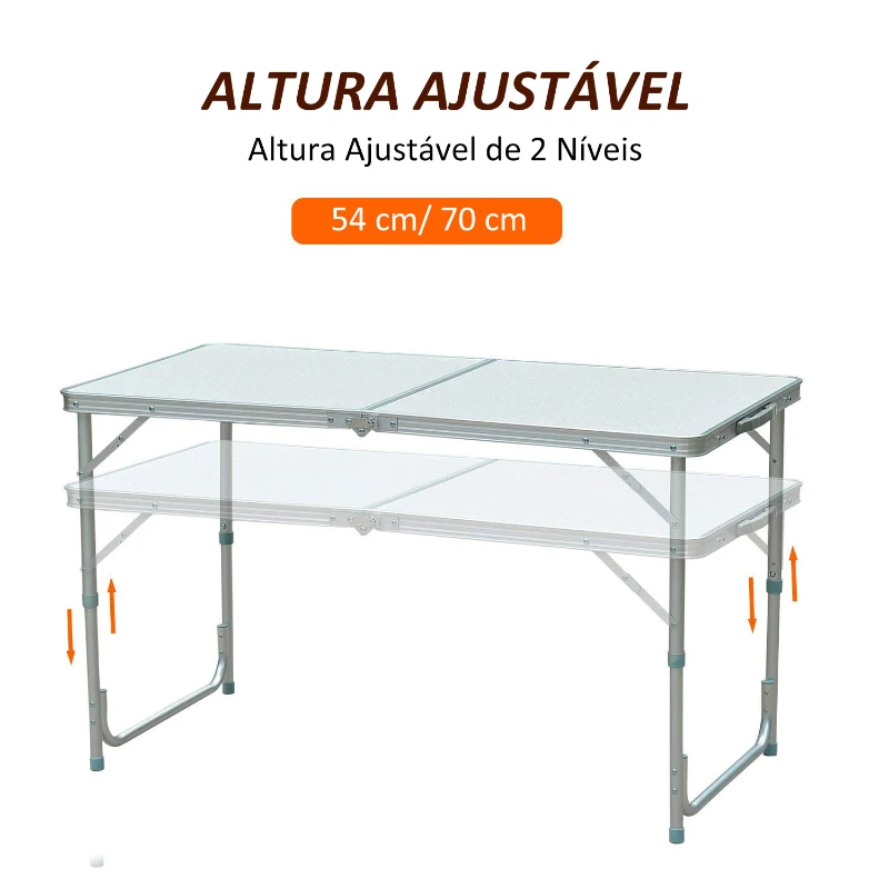 Outsunny Mesa de Campismo Dobrável Convertível em Mala com Altura Ajustável para Piquenique 120x60-54-70cm Prata