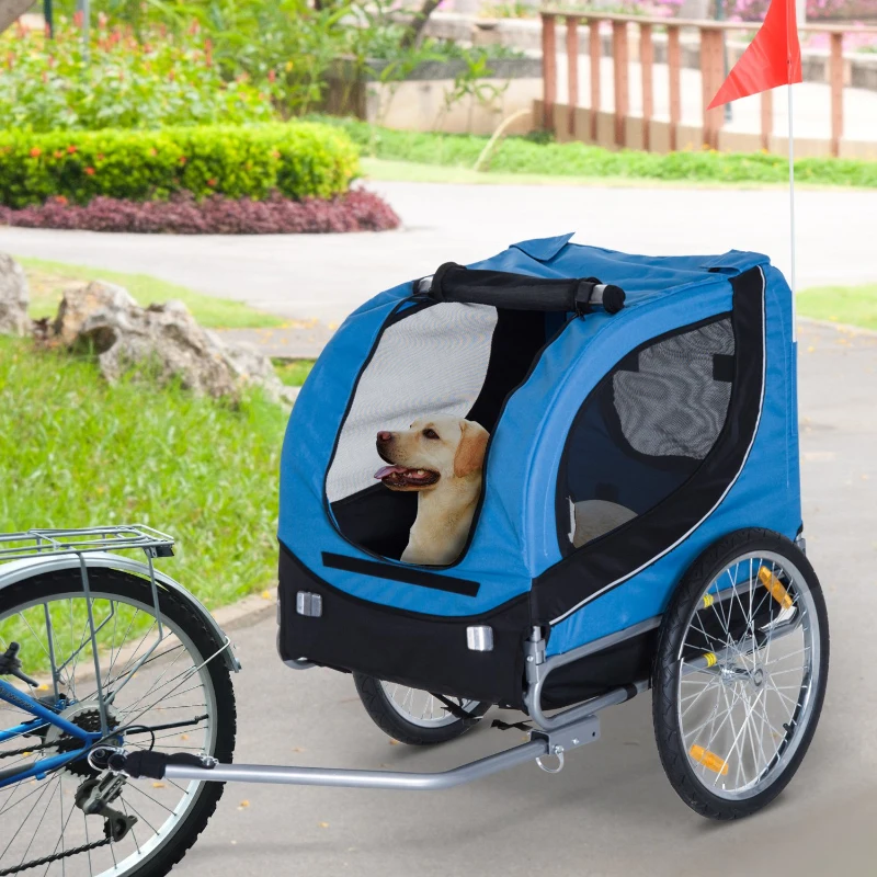 PawHut Reboque de Bicicleta para Cães Reboque de Bicicleta para Animais de Estimação com Bandeira Reflectores 130x73x90cm Azul