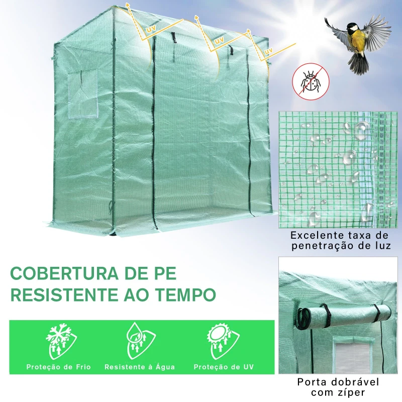 Outsunny Estufa de Jardim com Tubos de Aço 1 Porta e 2 Janelas Enroláveis 200x73x150-168 cm Verde