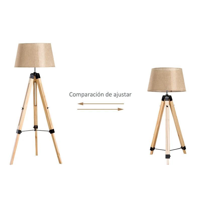 HomCom Candeeiro de Pé Moderno, com Tripé Altura Regulável de Madeira e Abajur de Linho - 65x65x99-143 centímetros