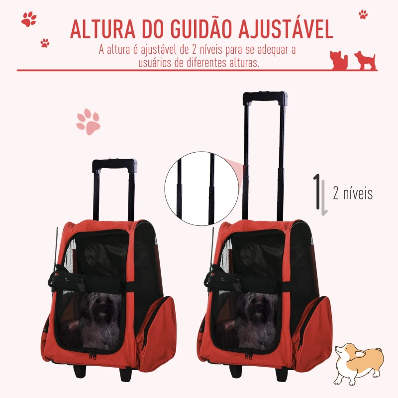 PawHut Transportadora 2 em 1 para Animais de Estimação Mochila ou Carrinho de Viagem para Cães e Gatos com 2 Rodas Alça Retrátil de Alumínio e Bolso de Armazenamento 42x25x55cm Vermelho