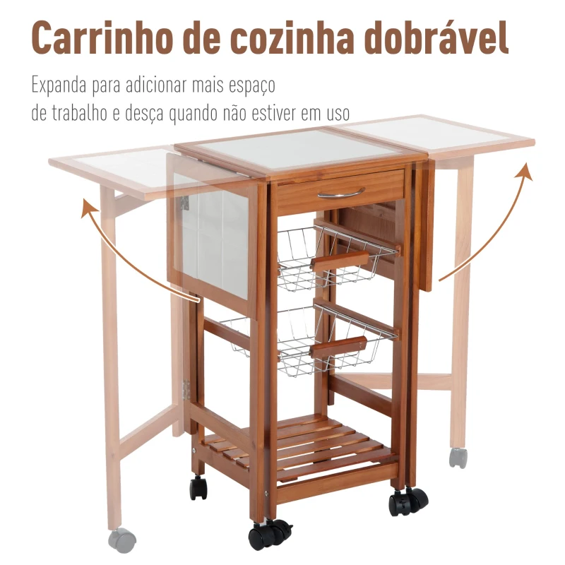 HOMCOM Carrinho de cozinha Serviço Auxiliar de Madeira De metal cromado 6 rodas 91x37x75 cm