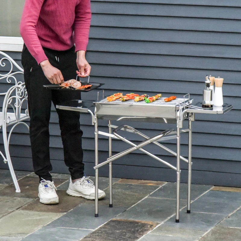 Outsunny Barbecue a Carvão Portátil de Aço Inoxidável com 2 Prateleiras Laterais Bandeja e Grelha 104x30x68cm Prata