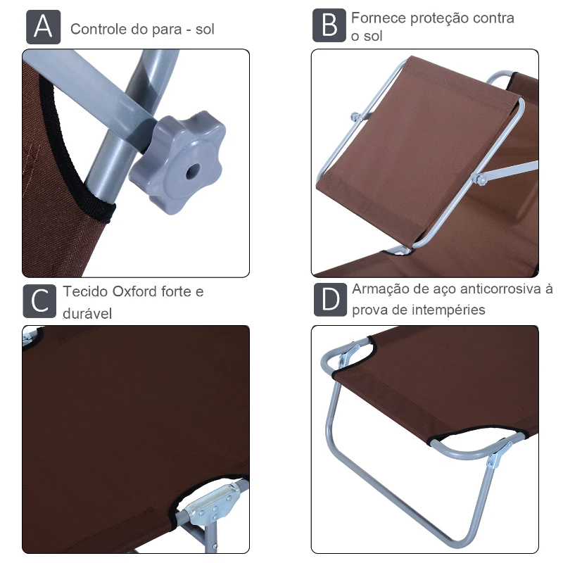 Outsunny Espreguiçadeira de Jardim Dobrável com Toldo Removível e Ajustável em Ângulo e Encosto Ajustável em 4 Posições para Jardim Terraço Campismo Exterior 187x58x36cm Marrom