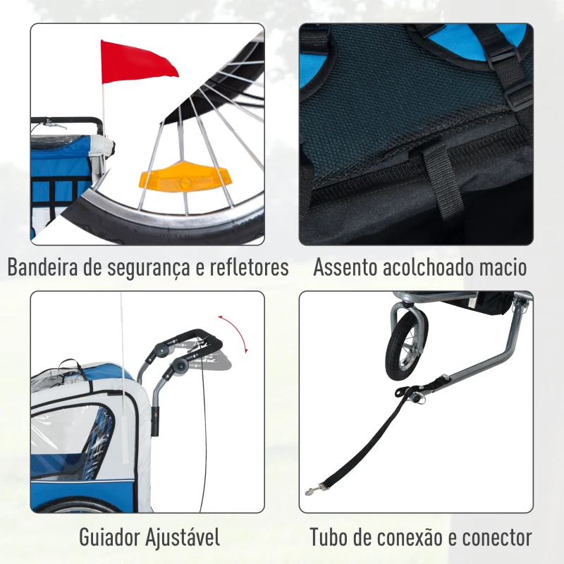 HOMCOM Reboque de Bicicleta para Crianças com 2 lugares e Roda 360º com Acoplamento Universal Cinza e Azul
