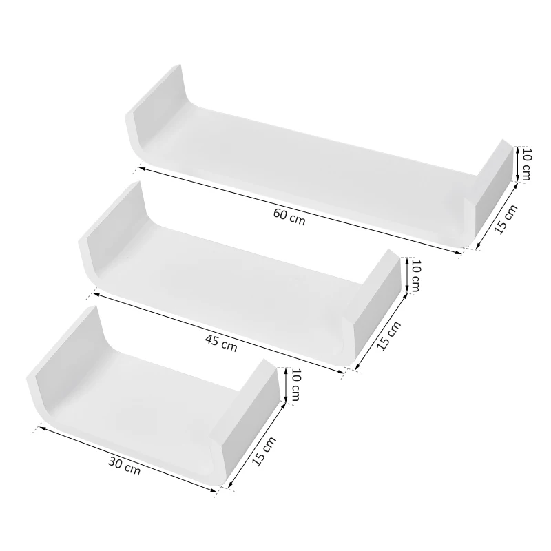 HOMCOM Conjunto de 3 Prateleiras Flutuantes 60/45/30x15x10 cm Prateleiras de Parede para Armazenamento de Livros Fotos Decoração para Sala de Estar Corredor Dormitório Branco