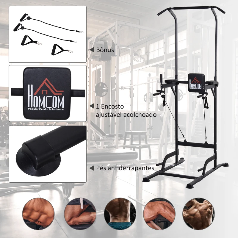 HOMCOM Power Tower Máquina de Musculação 5 em 1 Exercícios Dip Pull-up Flexões e Abdominais carga 120kg 94 x 99 x 182-232 cm