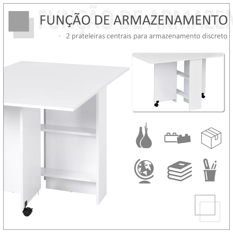 HOMCOM Mesa de Sala de Jantar Dobrável Mesa de Madeira com 2 Prateleiras de Armazenamento e Rodas para Cozinha 75x140x74 cm Branco