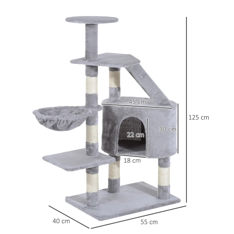 PawHut Arranhador para Gatos com Postes Escadas Caverna Espaçosa Rede Plataformas Centro de Atividades Sisal Natural 55x40x125cm Cinza