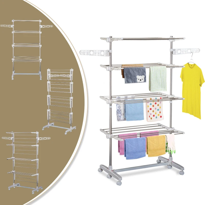 HOMCOM Estendal de Roupa Dobrável 80x55x172cm com 6 Rodas e 4 Prateleiras com Altura Ajustável de Aço Inoxidável Prateado