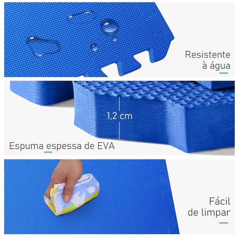 HOMCOM Tapete puzzle para Crianças e Bebés 8 peças tapetes de espuma eva com área de cobertura 2,88 metros quadrados não tóxico 60x60x1,2 cm azul