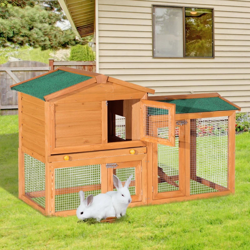 Pawhut Coelheira com parque cercado Madeira de abeto Exterior de 2 Níveis Gaiola para Coelhos 145x45x85 cm