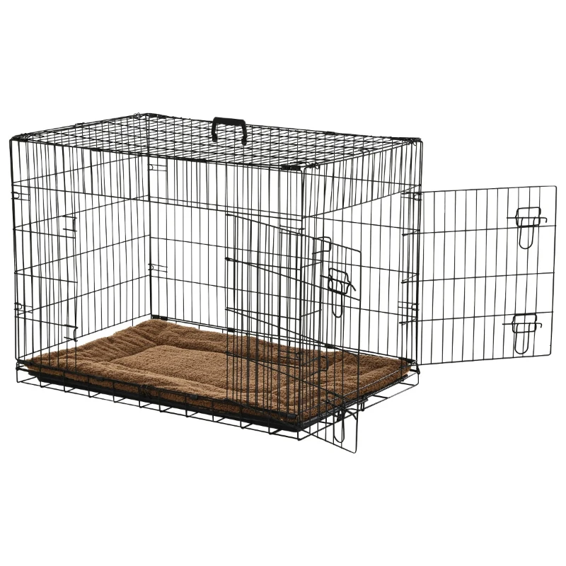 PawHut Gaiola para Cães com Almofada Incluída Gaiola para Animais de Estimação com Alça de Transporte e Grade de Arame 60x43x49,5cm Preto e Marrom