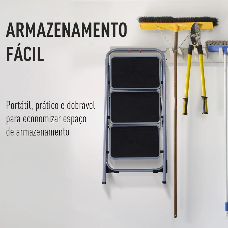 HOMCOM Escada de Aluminio Dobrável Escada Portátil com 3 Degraus Carga Máx. 150kg 92x48x62cm Prata