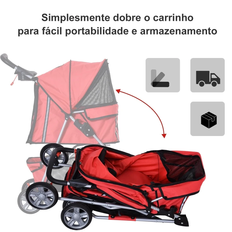 PawHut Carrinho de Passeio para Animais de Estimação Dobrável com Cesta de Armazenamento e Travão 75x45x97cm Vermelho