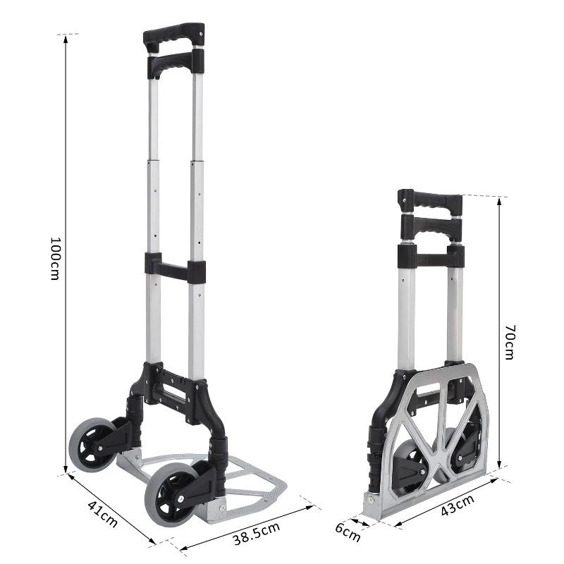 HOMCOM Carrinho de mão dobrável de alumínio Altura ajustável de 3 níveis Fácil transporte Carga 70 kg 41x38,5x100 cm Preto e cinza