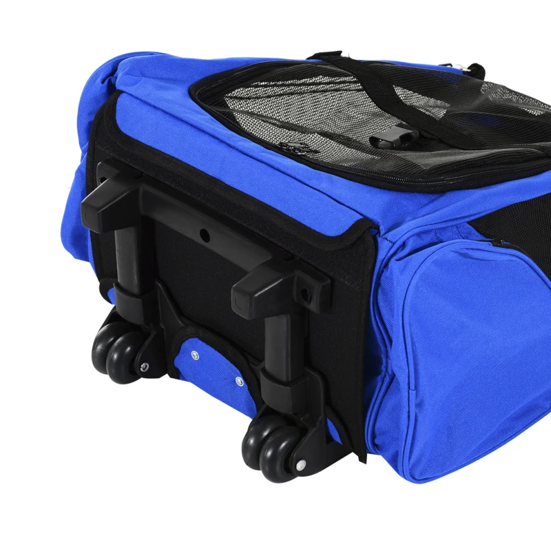 PawHut Transportadora 2 em 1 para Animais de Estimação Mochila ou Carrinho de Viagem para Cães e Gatos com 2 Rodas Alça Retrátil de Alumínio e Bolso de Armazenamento 42x25x55cm Azul