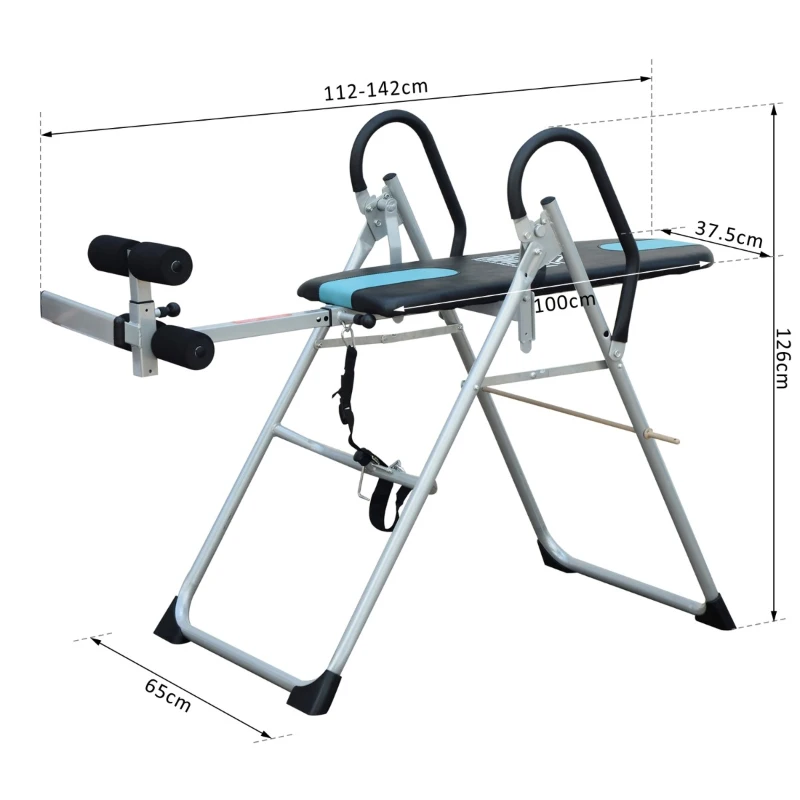 HOMCOM Mesa de Inversão Dobrável com Altura Ajustável entre 147-198 cm e Cinto de Segurança 65x112-142x126 cm Preto e Azul