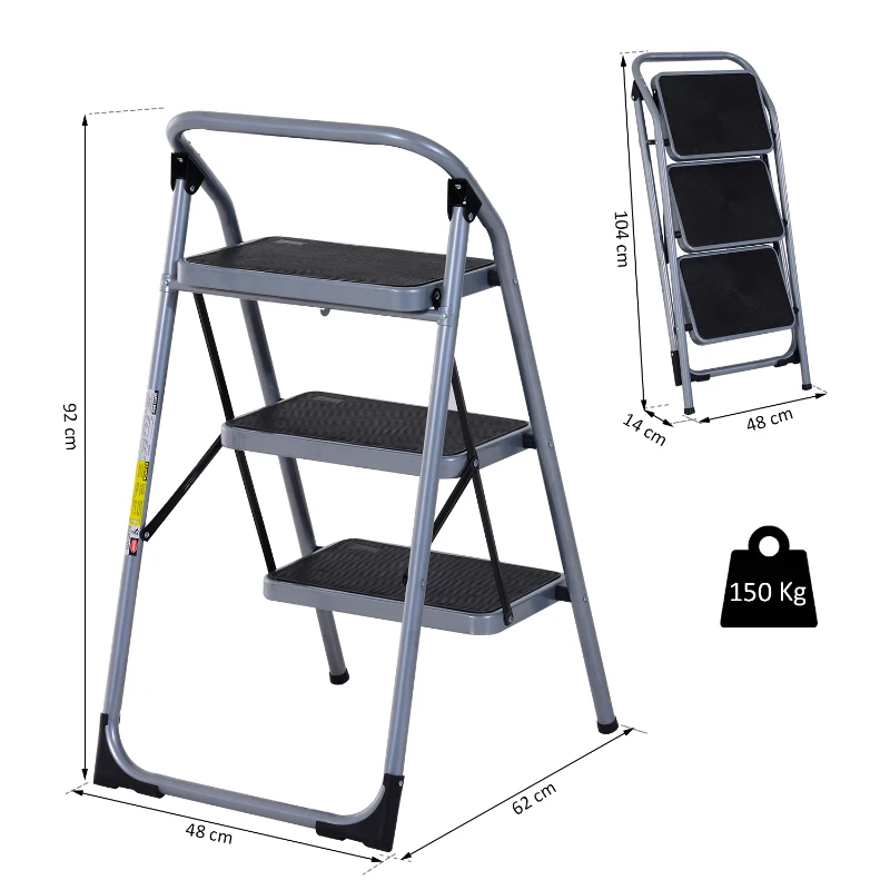HOMCOM Escada de Aluminio Dobrável Escada Portátil com 3 Degraus Carga Máx. 150kg 92x48x62cm Prata