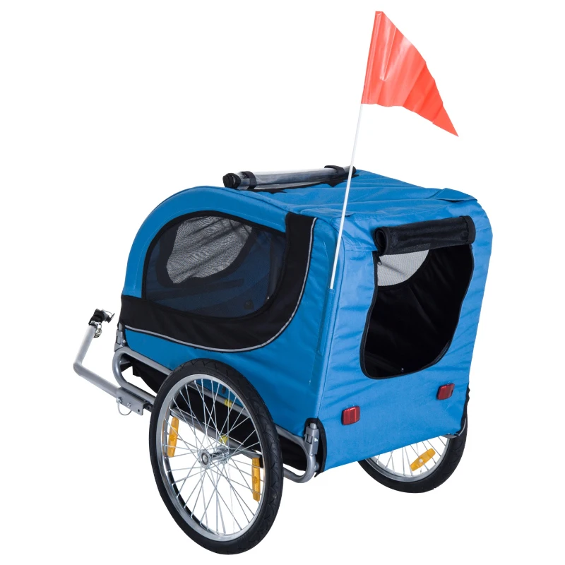 PawHut Reboque de Bicicleta para Cães Reboque de Bicicleta para Animais de Estimação com Bandeira Reflectores 130x73x90cm Azul