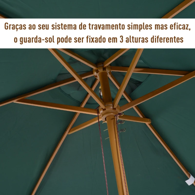 Outsunny Chapéu de Sol Ø250x230cm Chapéu de Sol com Mastro de Madeira com 6 Hastes Sistema de Polia com Fixação para Jardim Pátio Terraço Verde