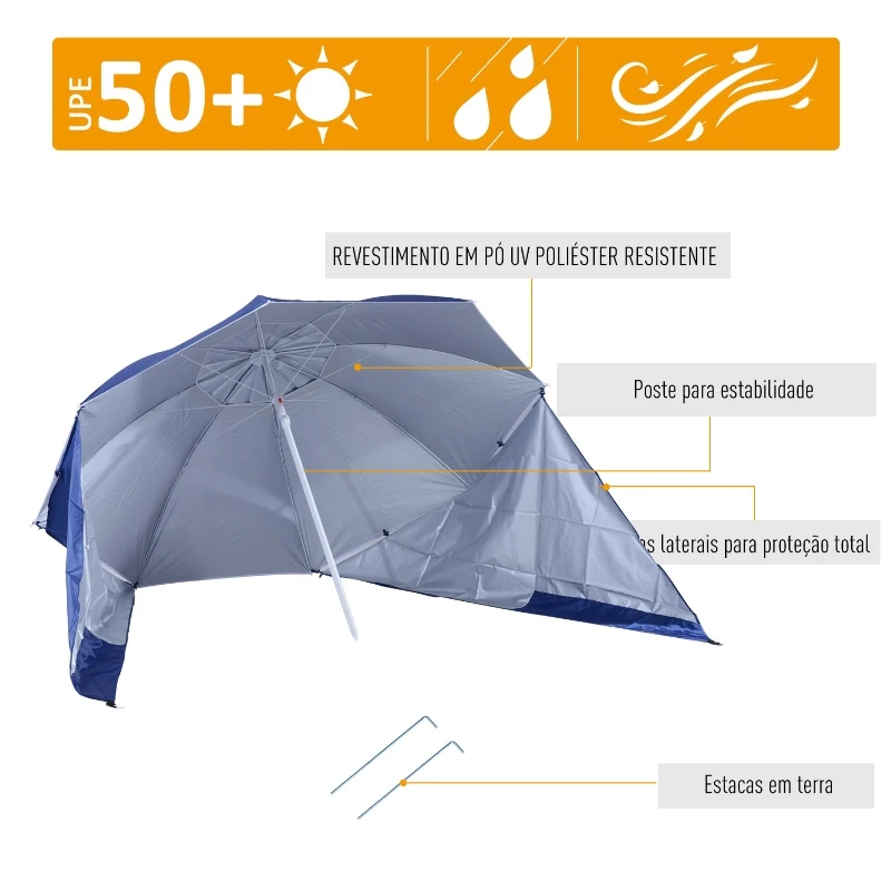 Outsunny Chapéu de Sol de Praia com Painéis Laterais Tipo Tenda Chapéu de Sol para Praia com Proteção UV50 Φ210x222cm Azul