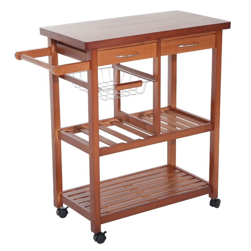 HomCom Carrinho de Cozinha de Madeira natural Madeira Metal 4 Rodas Gaveta Garrafeira Guardar Frutas e Legumes Medidas Tamanho 85x37x85 cm
